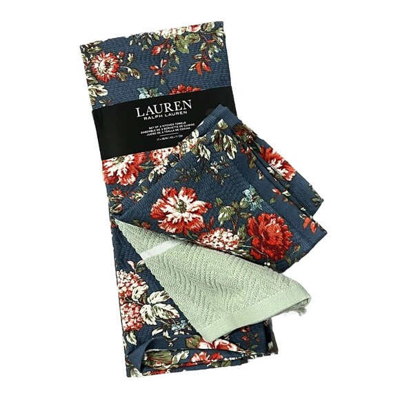 Ralph Lauren Kitchen Towels 3 PC Set Cotton Blue Floral & Solid Green Festive